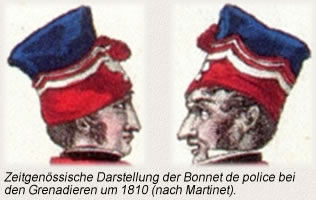 Zeitgenössische Darstellung der Bonnet de police bei den Grenadieren um 1810 (nach Martinet).